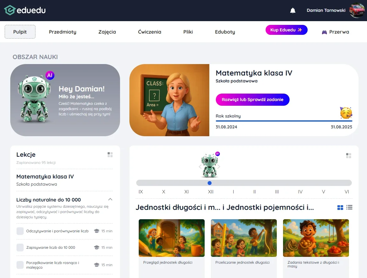 Pulpit wcześniejszej wersji EduEdu: kurs matematyki klasy IV, lekcje i wsparcie AI